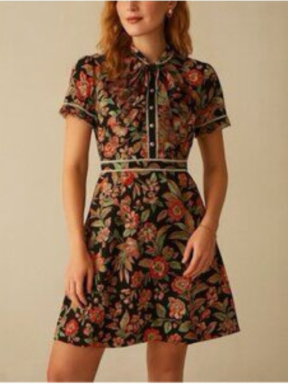 Dalia Macphee Womens Black Floral Birds Neck Tie Faux Pearl Button Short Dress L